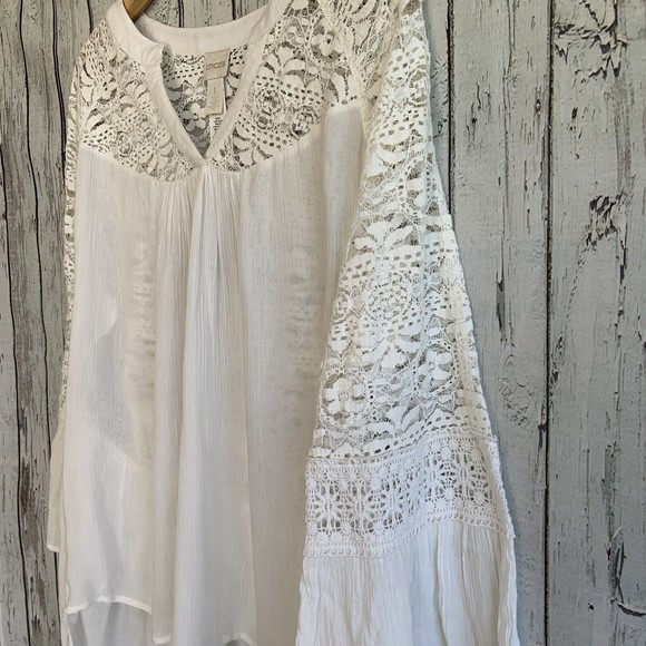 Chicos Lace Detail Popover Tunic Blouse Top Cream Bell Sleeves Feminine Size M - Picture 4 of 12